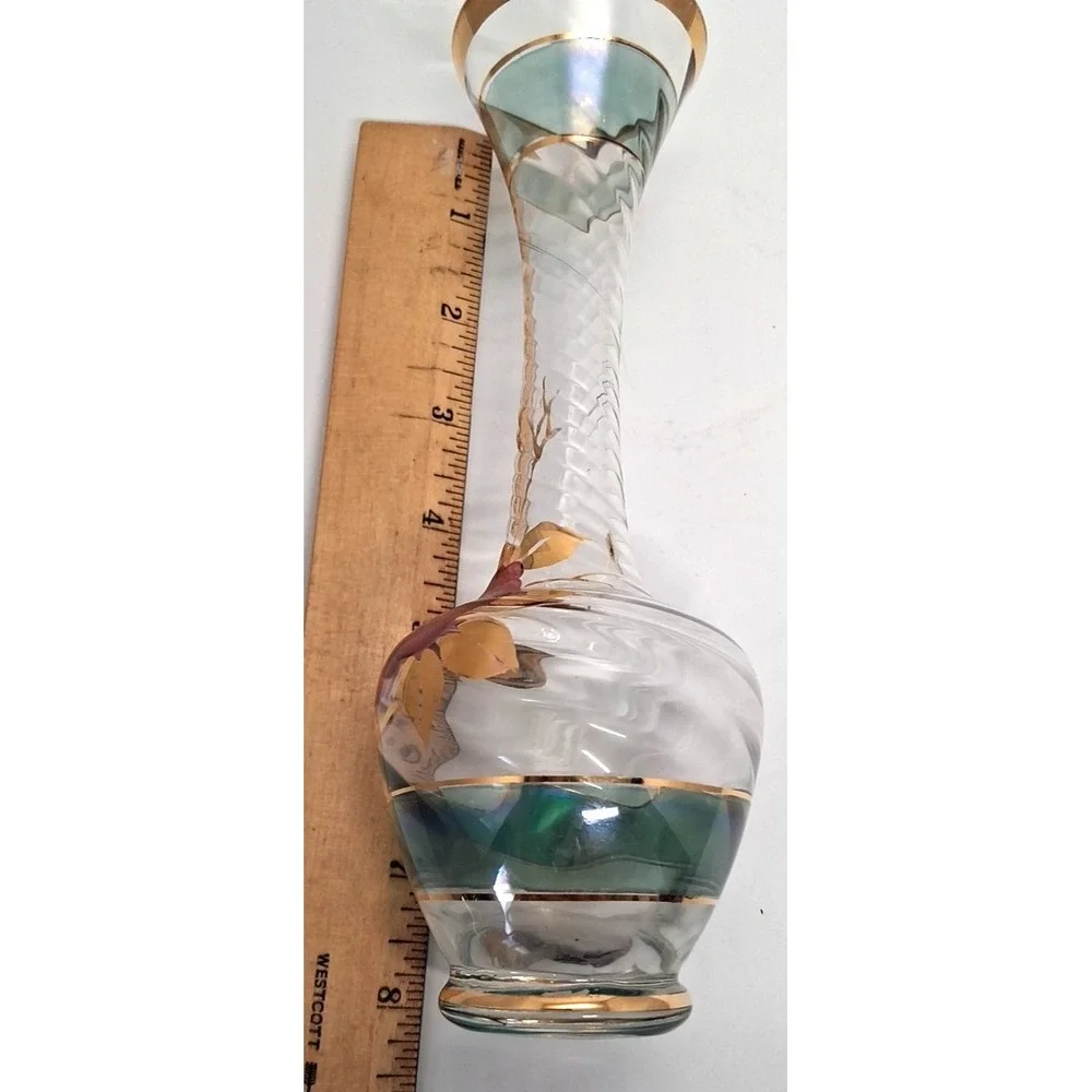 Vintage Bohemian Glass Vase with Enamel Rose Decoration and Gold Accents